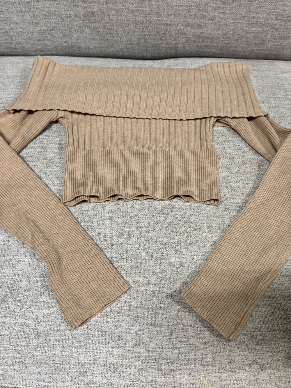 Princess Polly Ribbed Off-Shoulder Crop Sweater in Beige